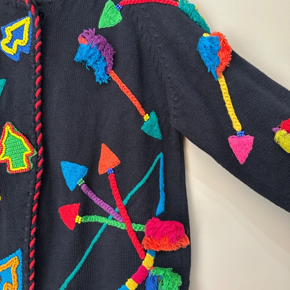 Michael Simon Vintage 1991 Knit Cardigan Abstract Art Sweater Bow & Arrow Bead - Picture 6 of 13